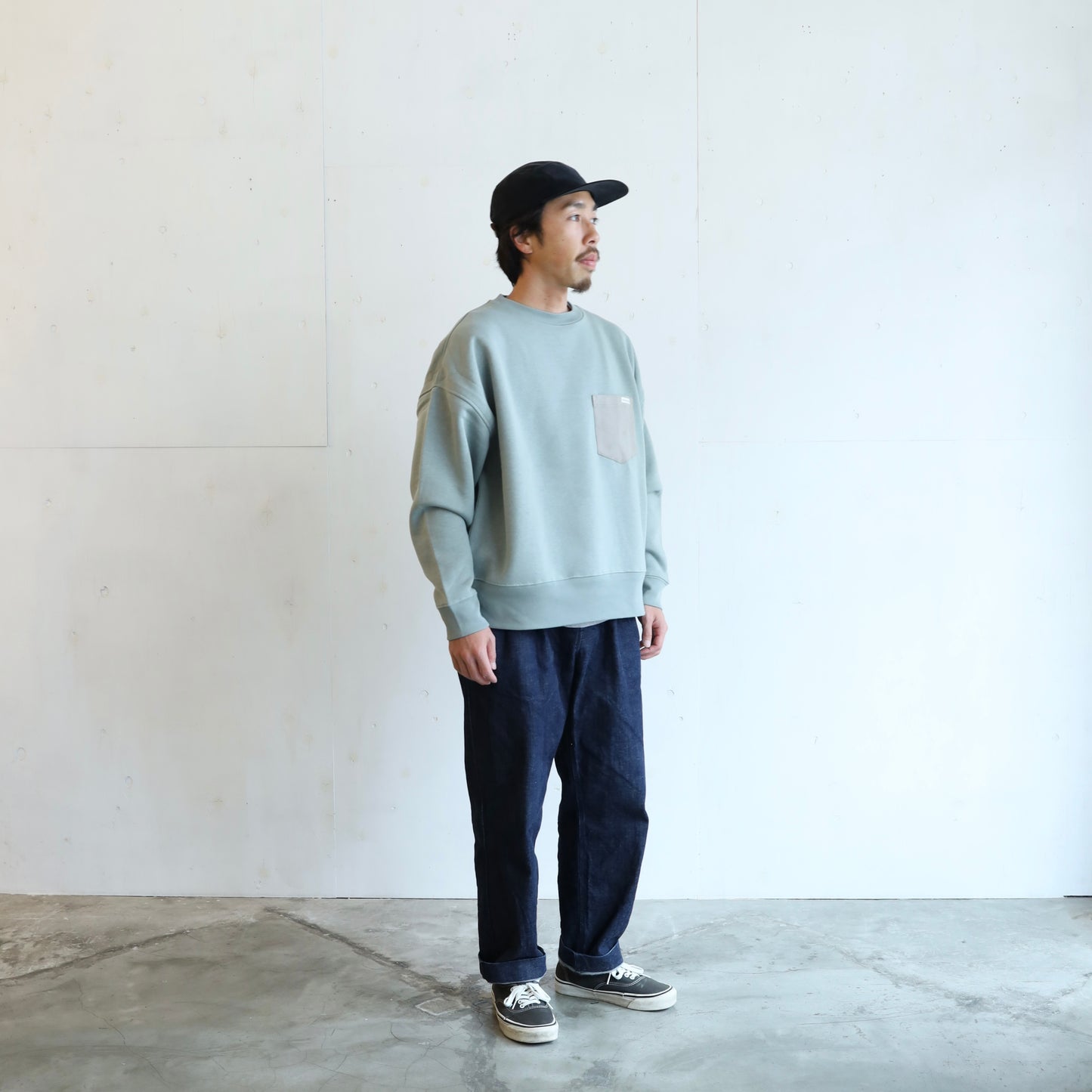 LOOSE SWEAT CREW W/PKT - GREEN × GRAY