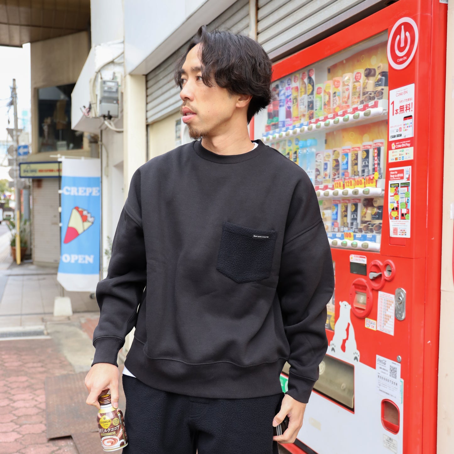 LOOSE SWEAT CREW W/PKT - BLACK × BLACK