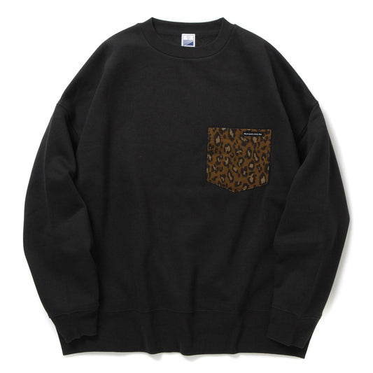 LOOSE SWEAT CREW W/PKT - BLACK × LEOPARD